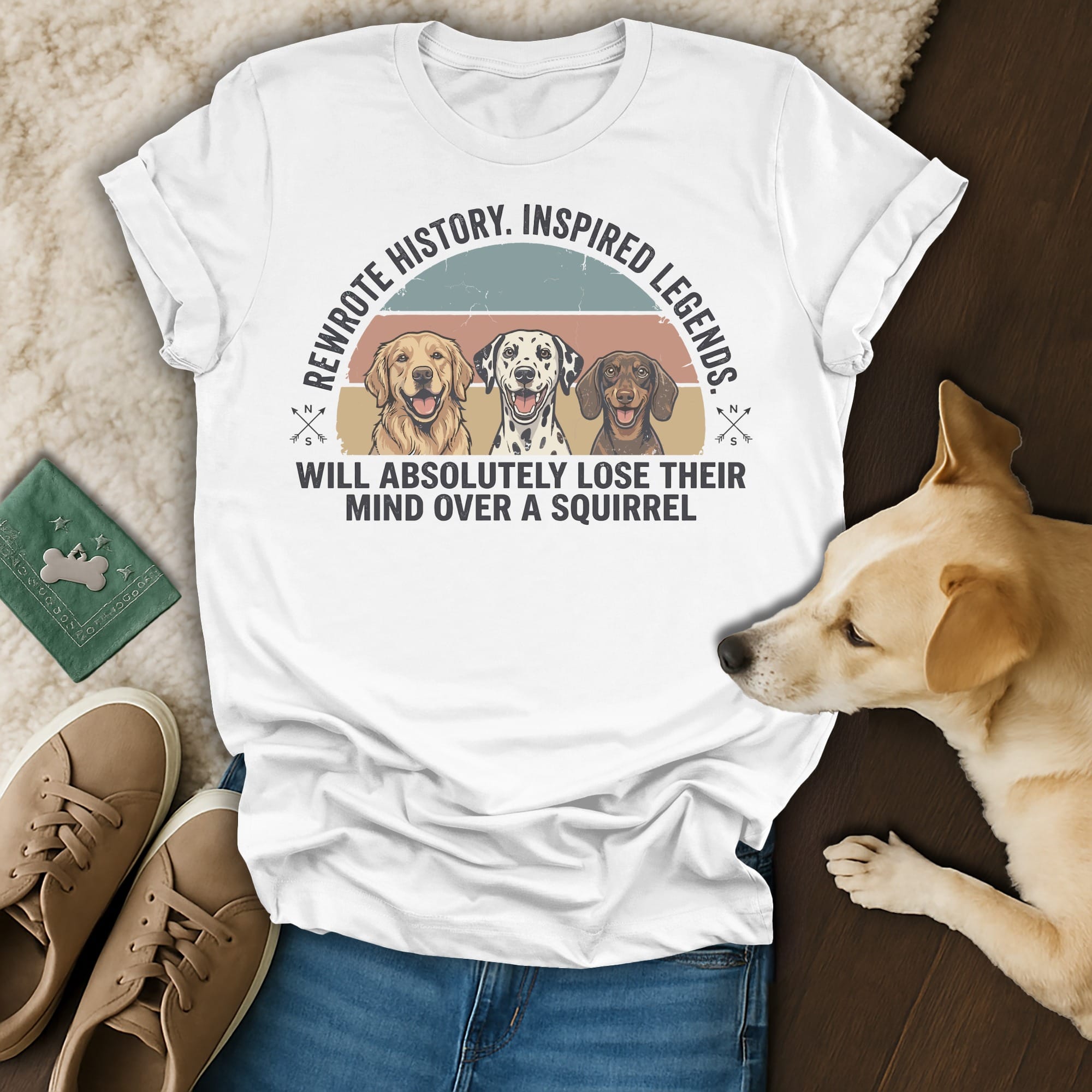 T-shirt with dogs and text about squirrels.