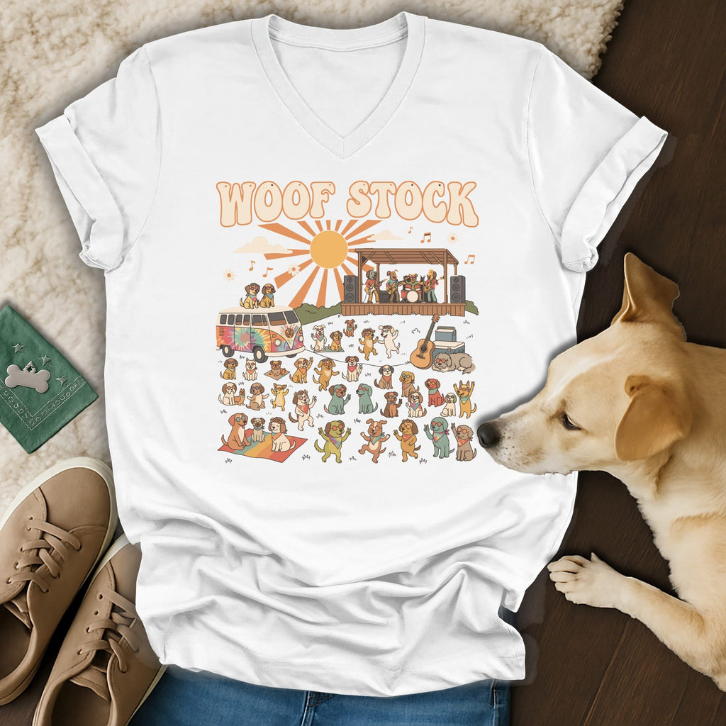 White t-shirt with "Woof Stock" text and a cartoon concert scene with many dogs.
