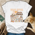 White t-shirt with "Woof Stock" text and a cartoon concert scene with many dogs.