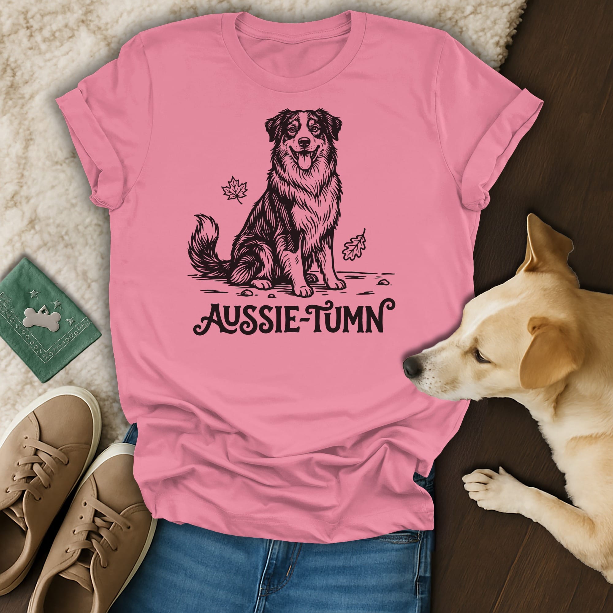 Pink t-shirt with a black sketch of an Australian Shepherd and "Aussie-Tumn" text.