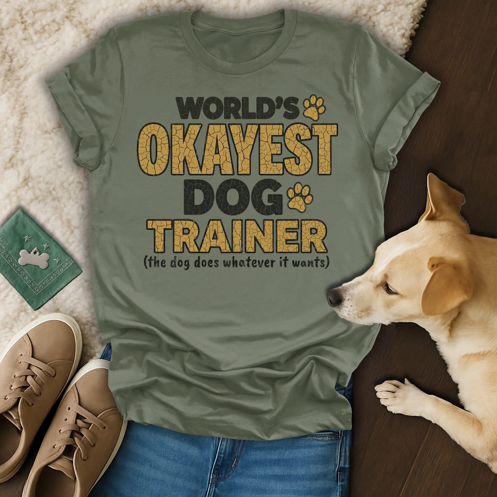 Olive green t-shirt with "World's Okayest Dog Trainer" text and a dog.