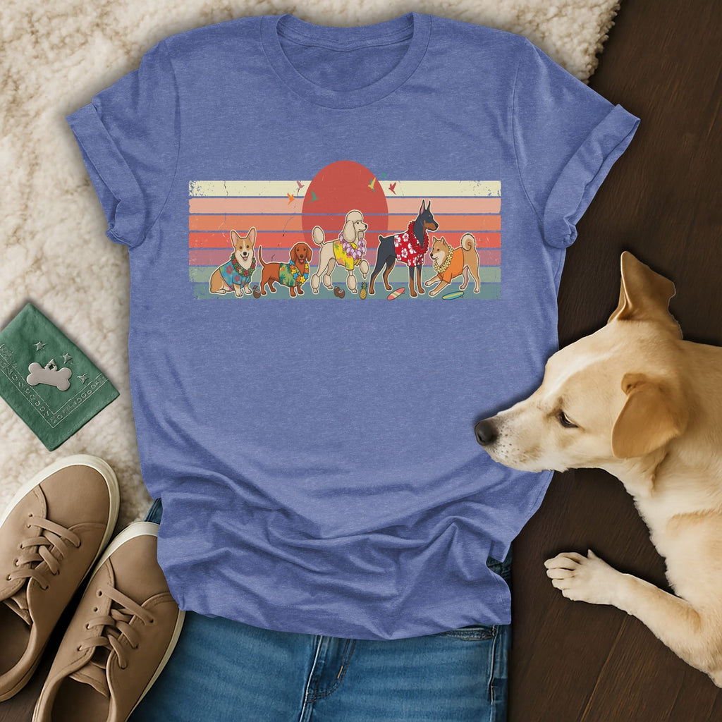 T-shirt with dogs in outfits and retro sunset graphic.