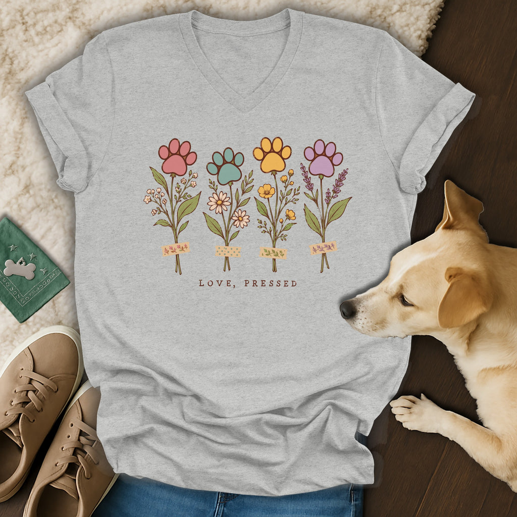 A heather gray v-neck t-shirt features four pressed floral stems with paw print flowers and the text LOVE, PRESSED.