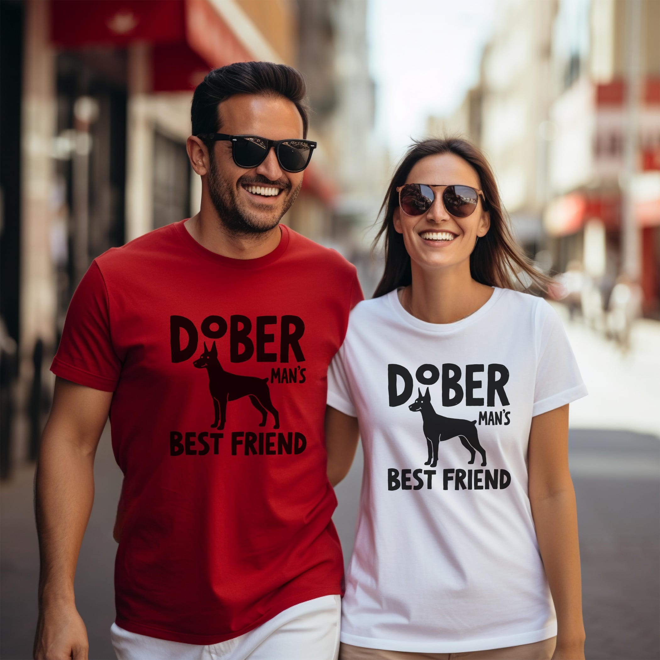 Couple wearing matching "Doberman's Best Friend" t-shirts.