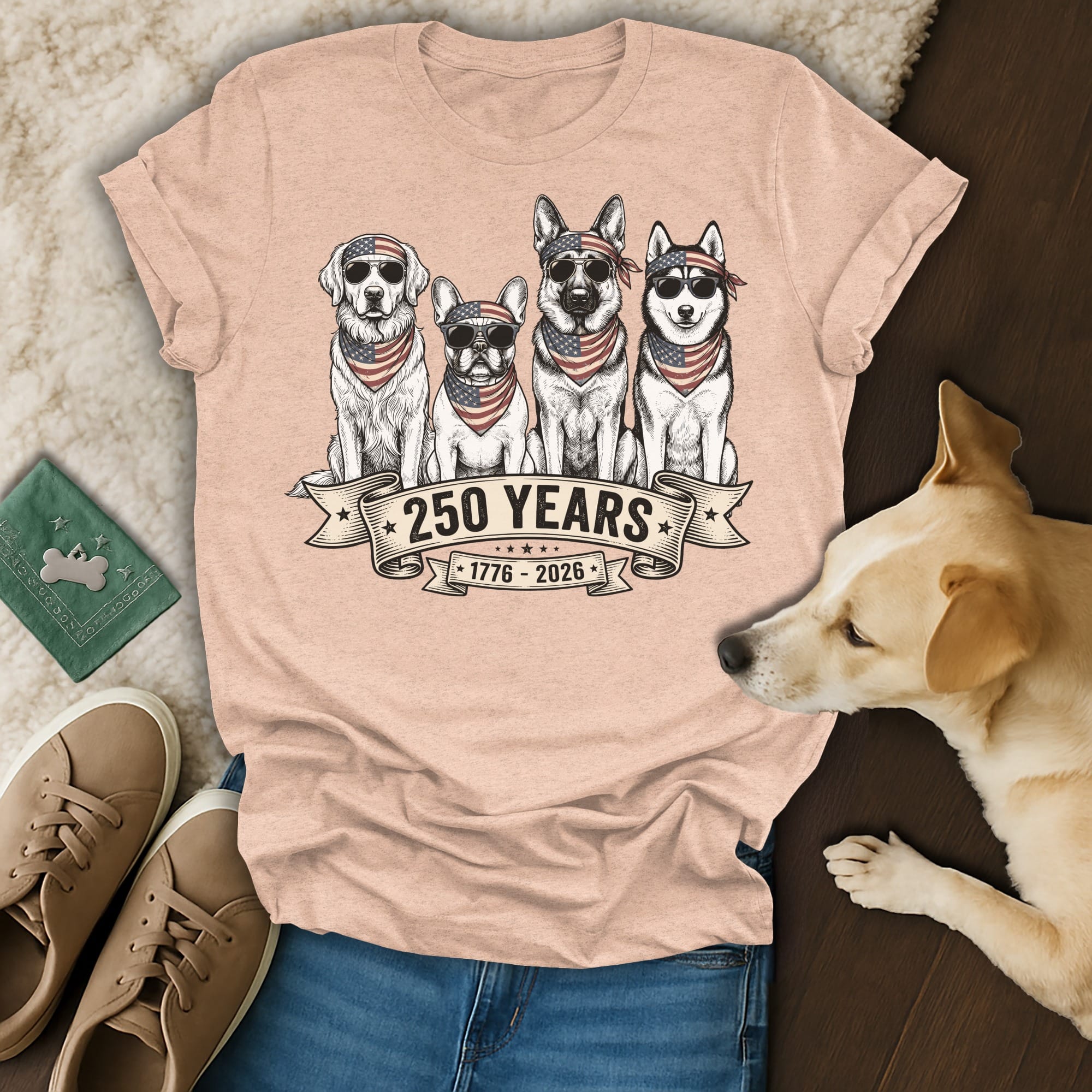 T-shirt with dogs wearing bandanas and sunglasses, text reads "250 YEARS 1776-2026".