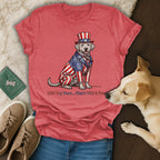 Labrador in patriotic suit and hat, text "1750 Dog Years... That's Wild & Free".
