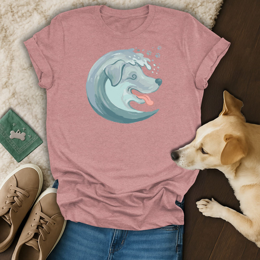 Pink t-shirt with graphic of a dog's head in a wave.