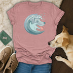 Pink t-shirt with graphic of a dog's head in a wave.