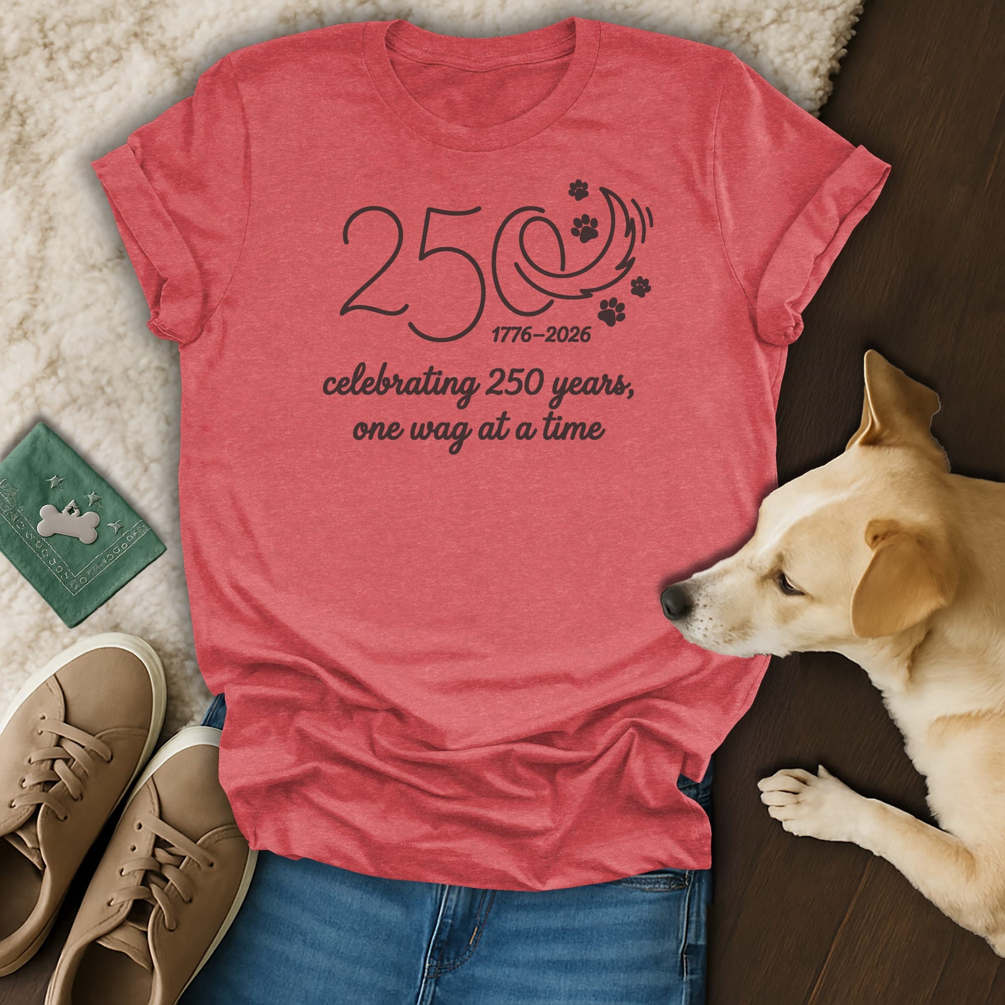 Red t-shirt with "250 one wag at a time" text and paw prints.