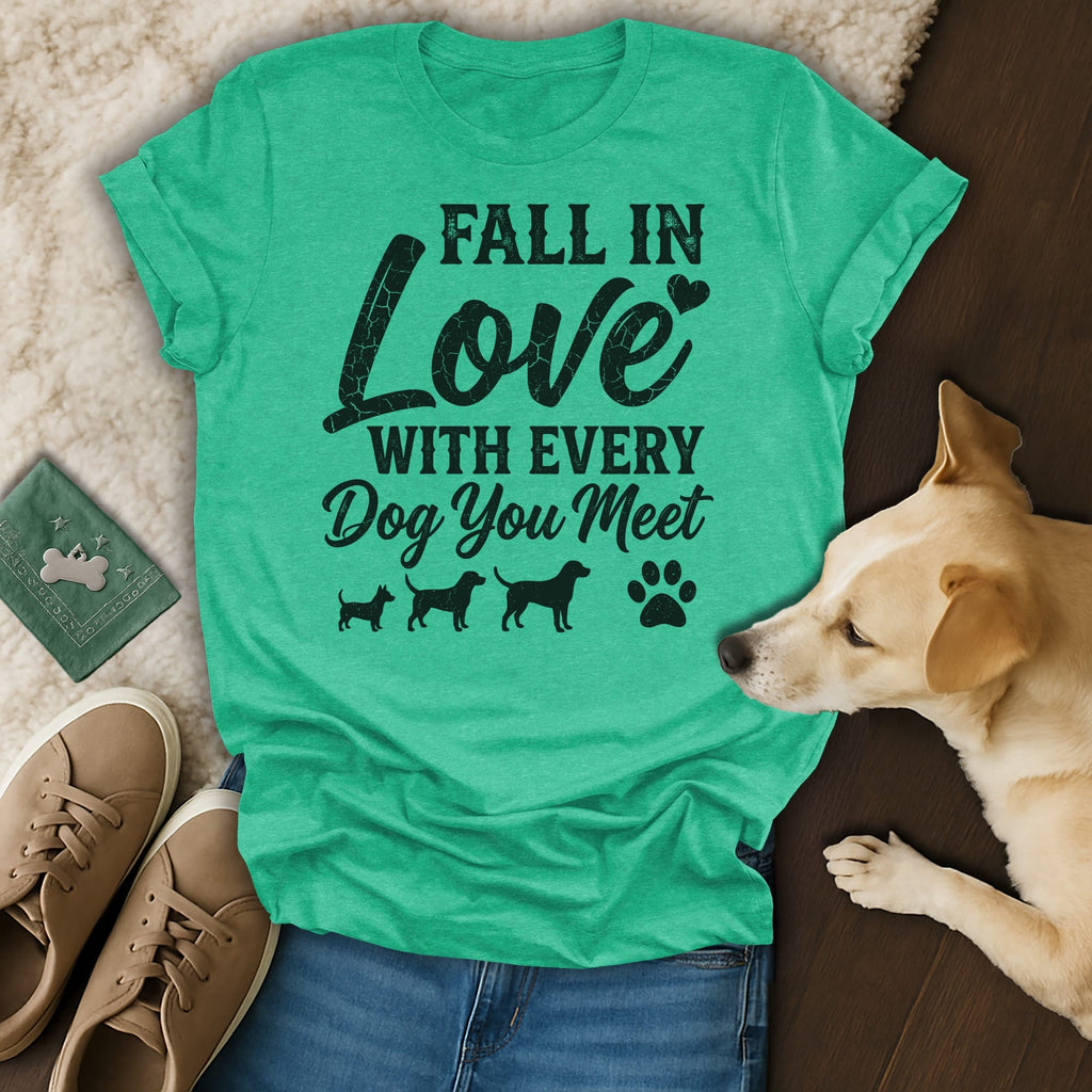 Green t-shirt with "Fall in Love With Every Dog You Meet" text and dog silhouettes.