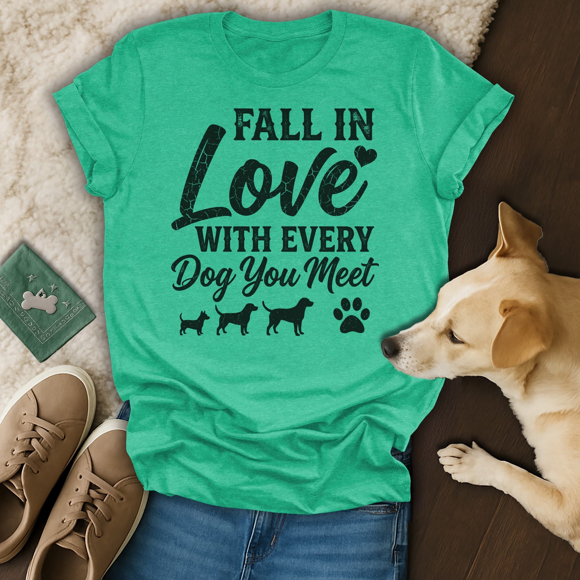 Green t-shirt with "Fall in Love With Every Dog You Meet" text and dog silhouettes.
