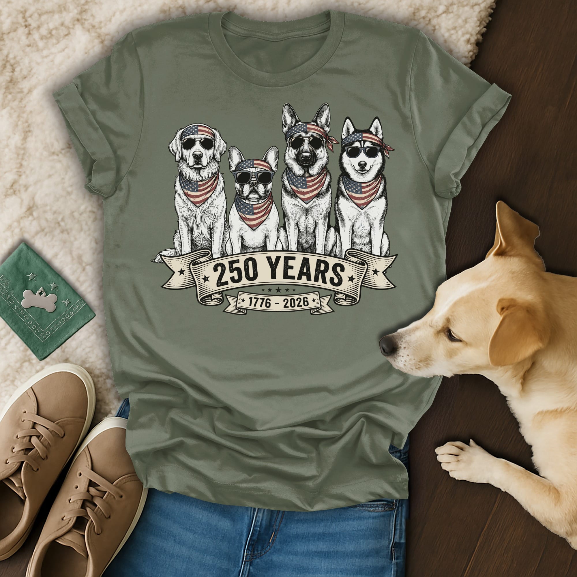 T-shirt with four dogs wearing bandanas and sunglasses, celebrating 250 years.