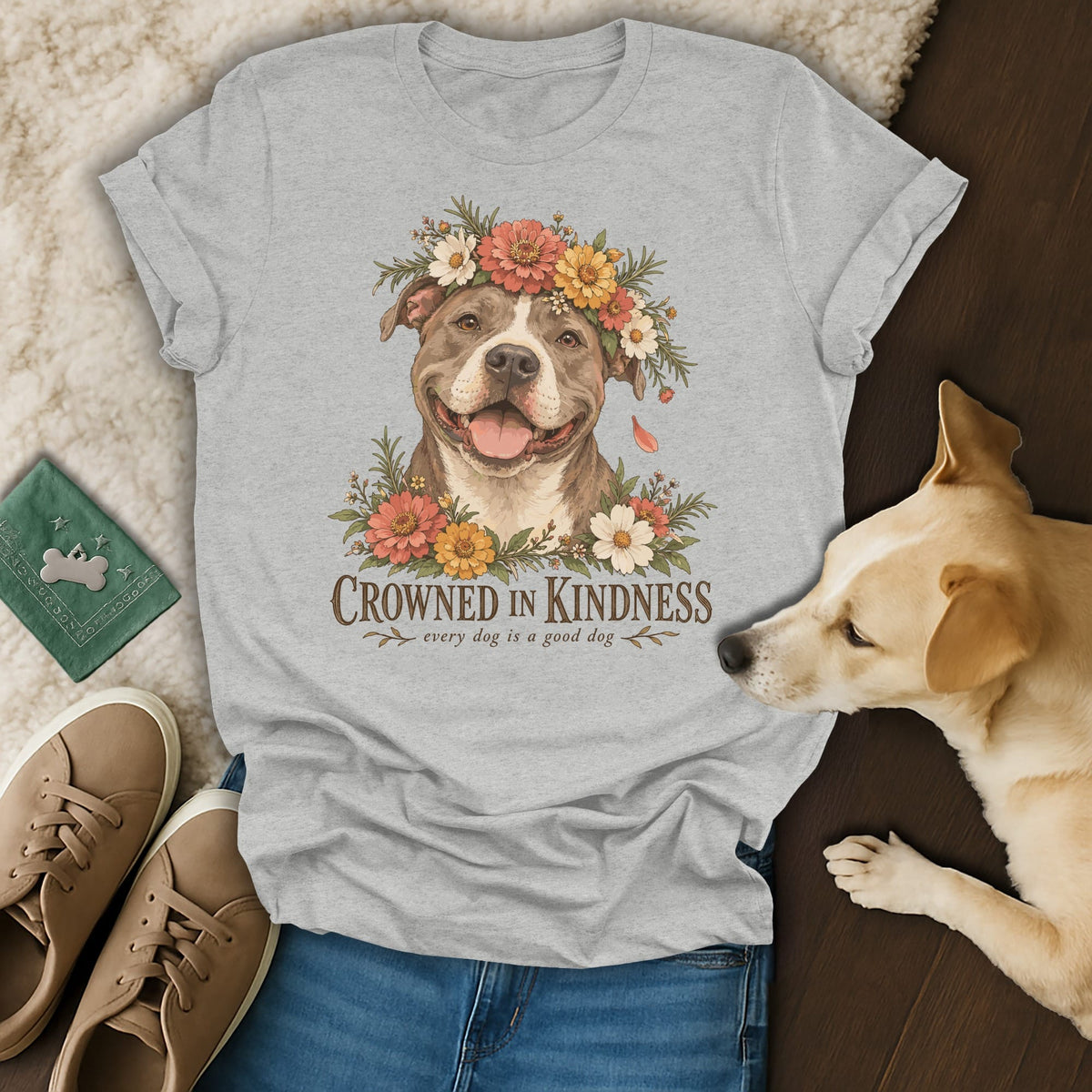 A gray t-shirt with a graphic of a smiling dog wearing a flower crown and text reading Crowned in Kindness.