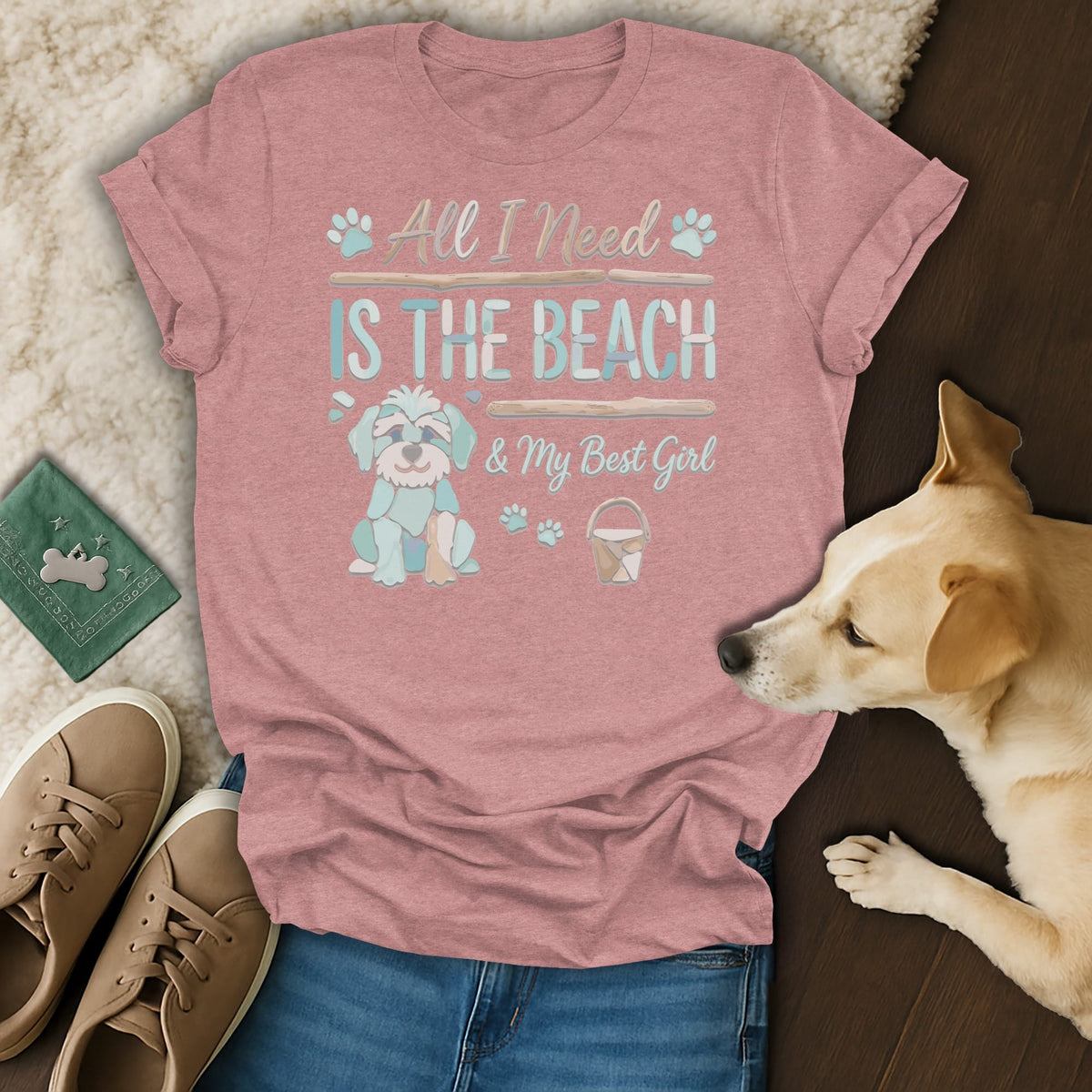 Pink t-shirt with "All I Need is the Beach & My Best Girl" and dog graphic.