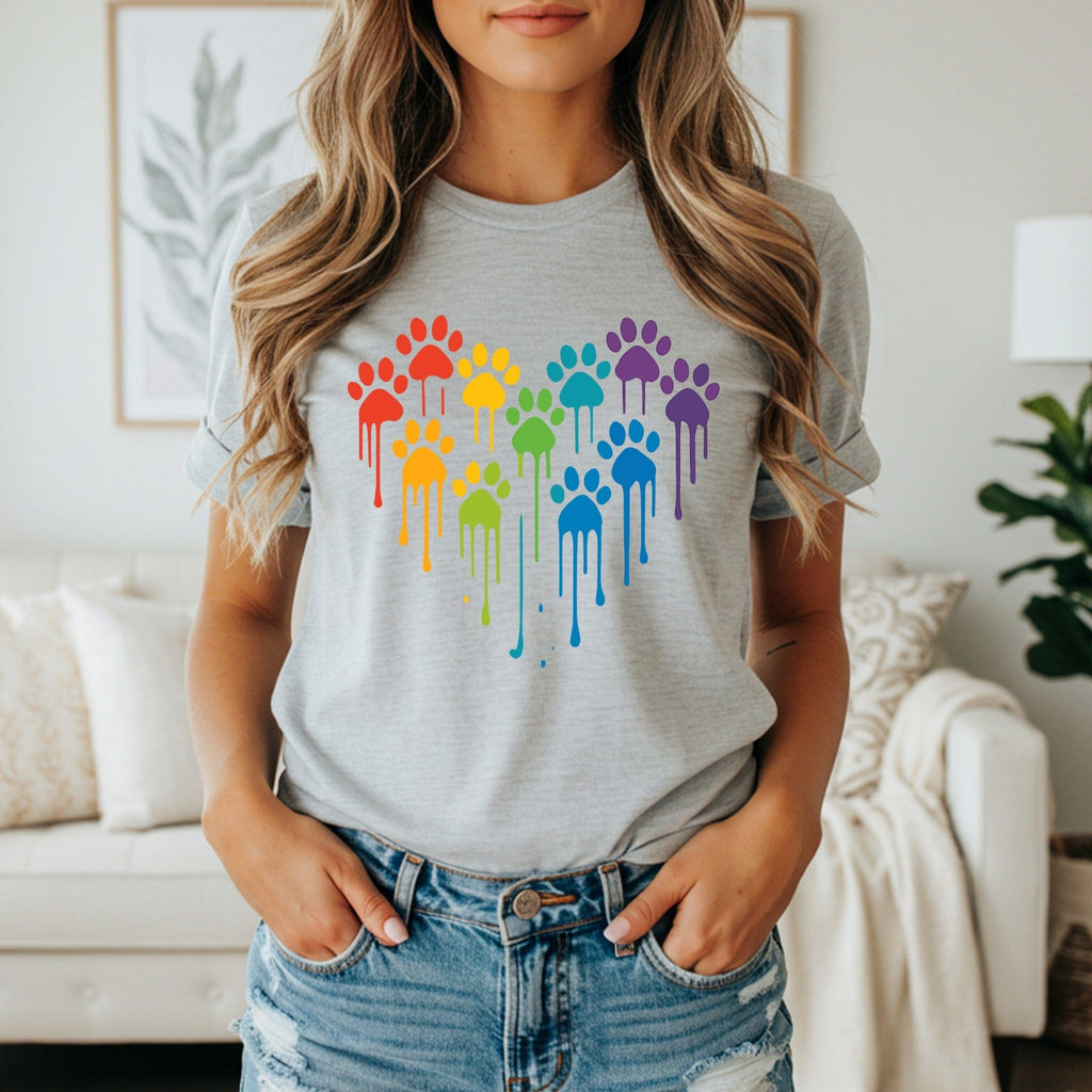 Rainbow Dripping Paw Prints Heart Design T-shirt
