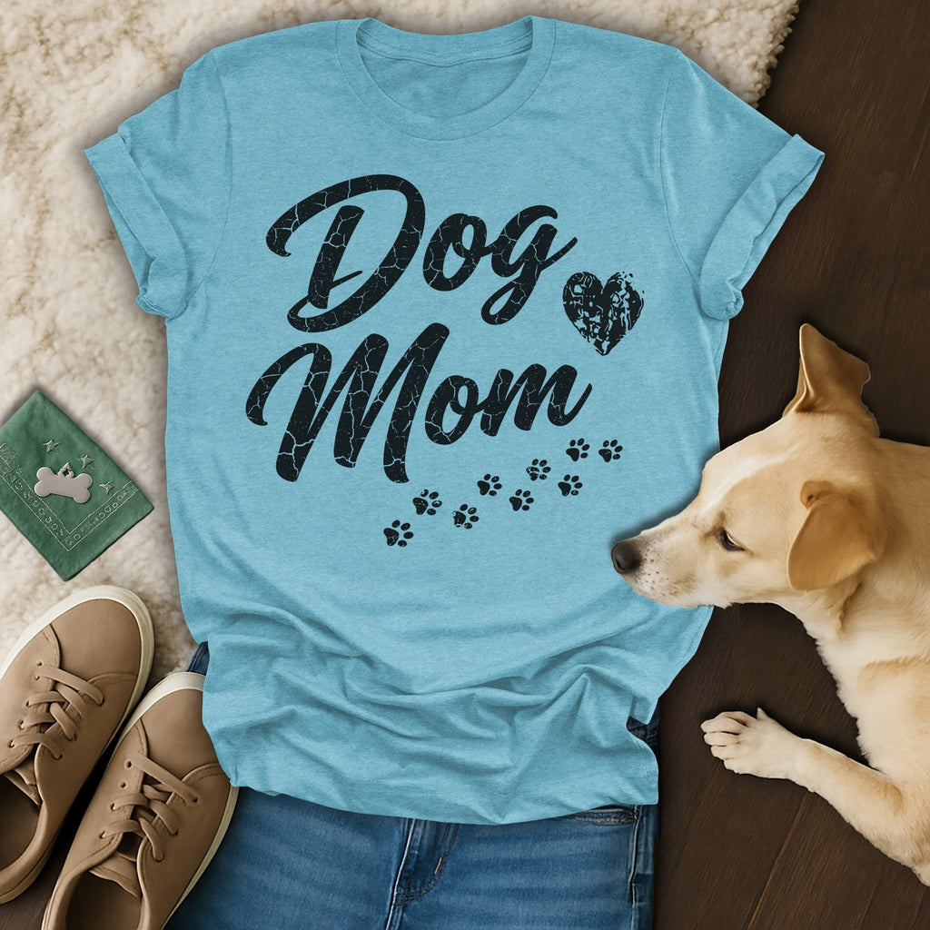 Blue t-shirt with "Dog Mom" text and paw prints, next to a dog.