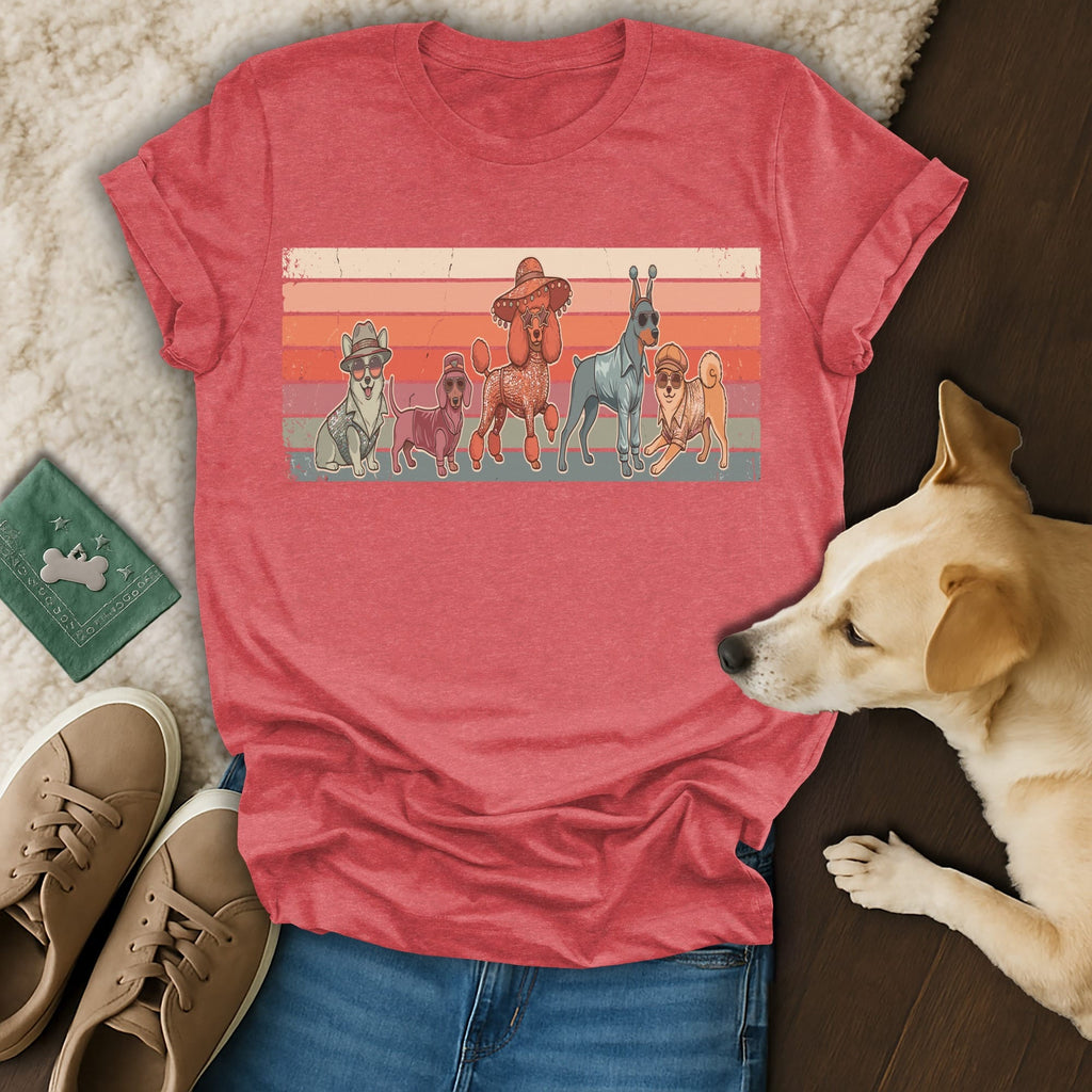 Retro graphic t-shirt featuring a line of dogs in hats and sunglasses.