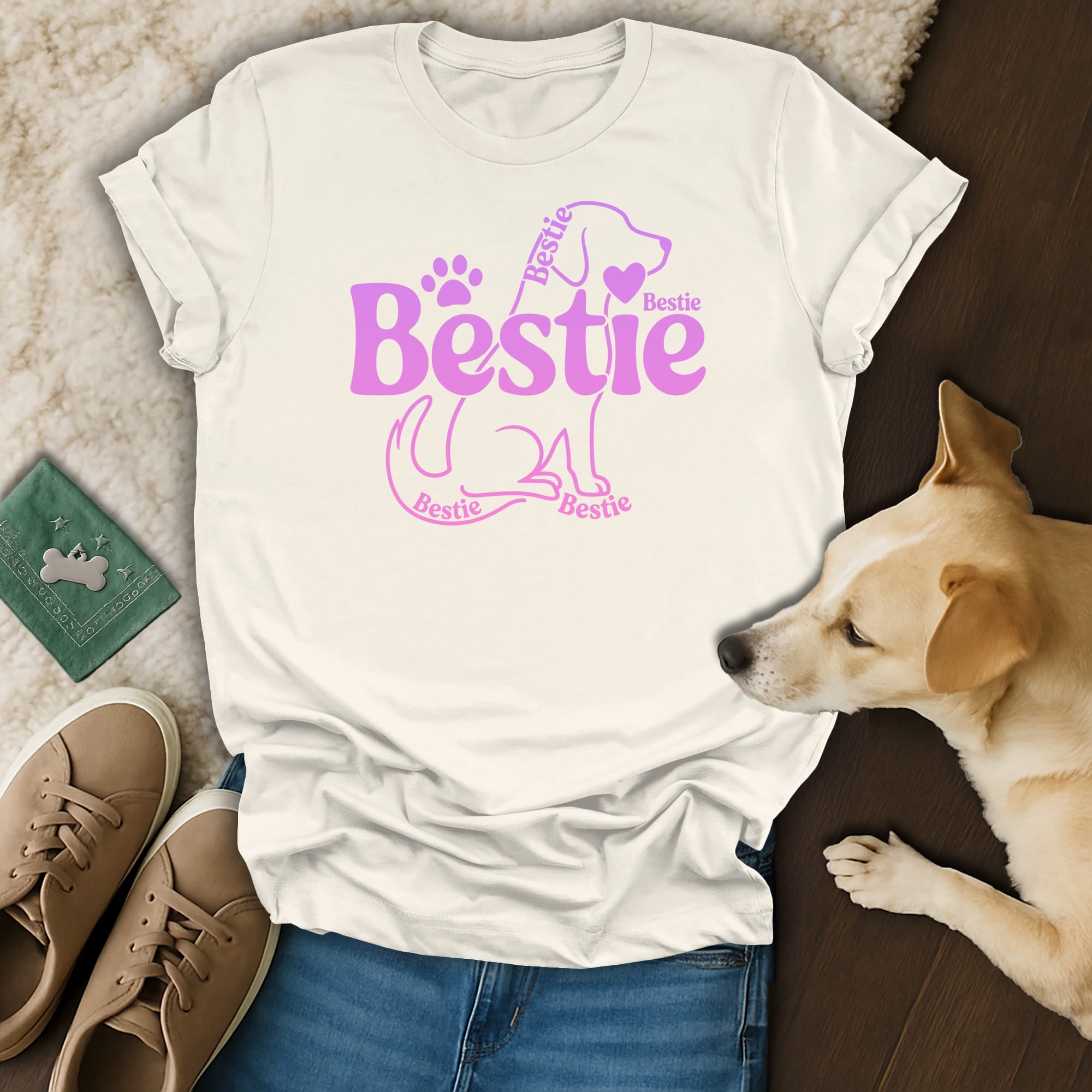 White t-shirt with pink "Bestie" text and dog outline design.