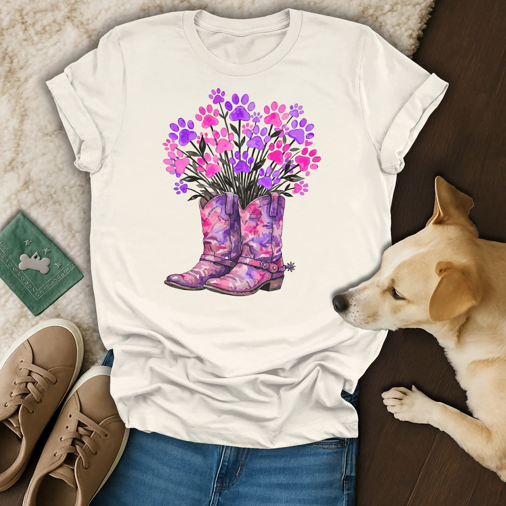 White t-shirt with watercolor cowboy boots and paw prints bouquet design.
