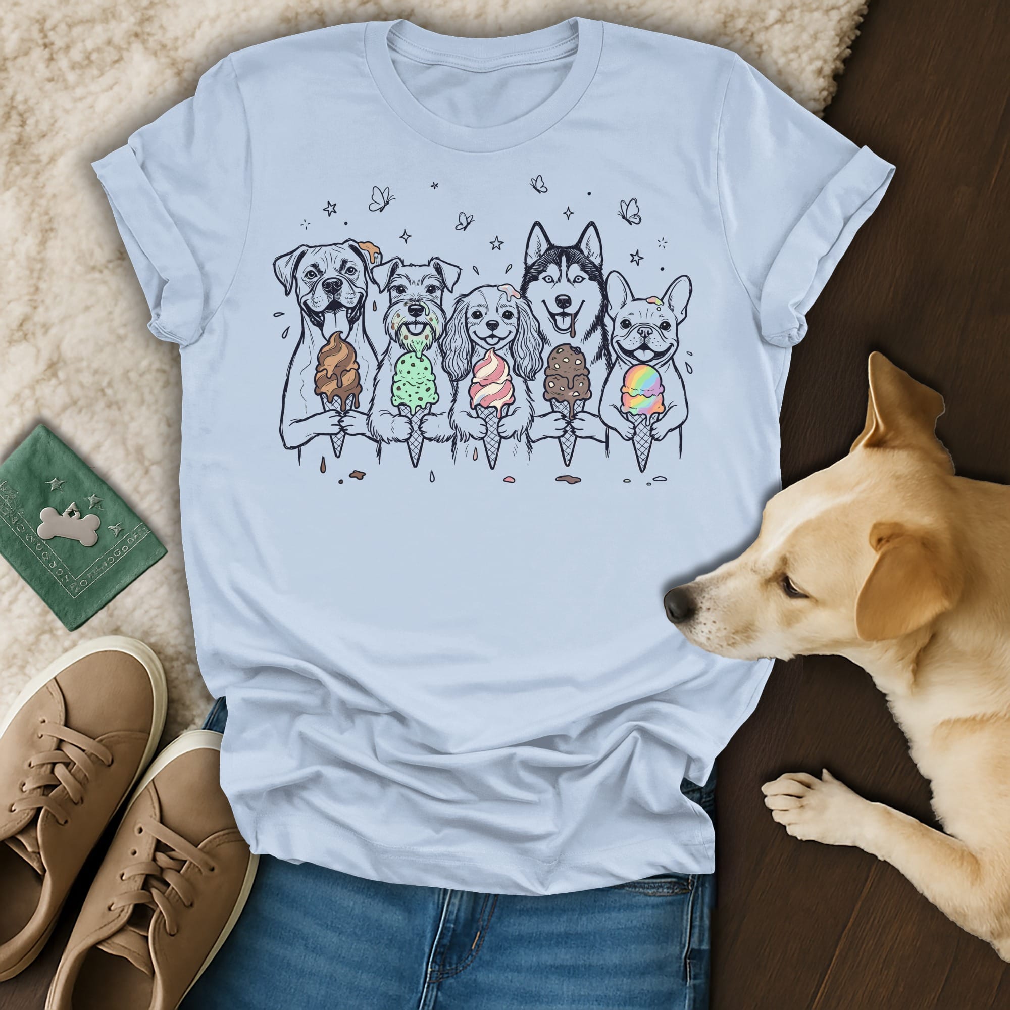 Five dogs with ice cream cones in a row, wearing cartoonish expressions.