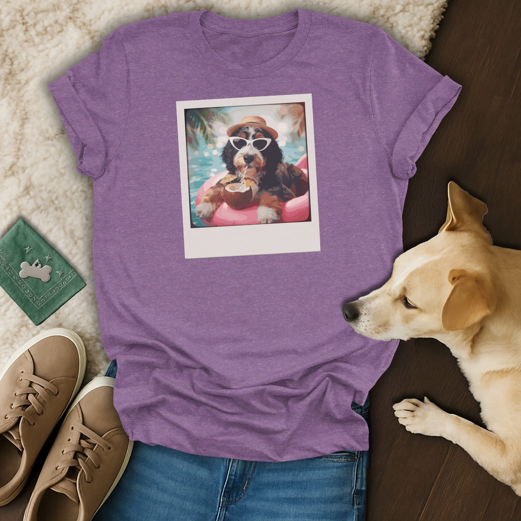 Purple t-shirt featuring a dog wearing sunglasses and a hat on a float.
