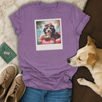 Purple t-shirt featuring a dog wearing sunglasses and a hat on a float.
