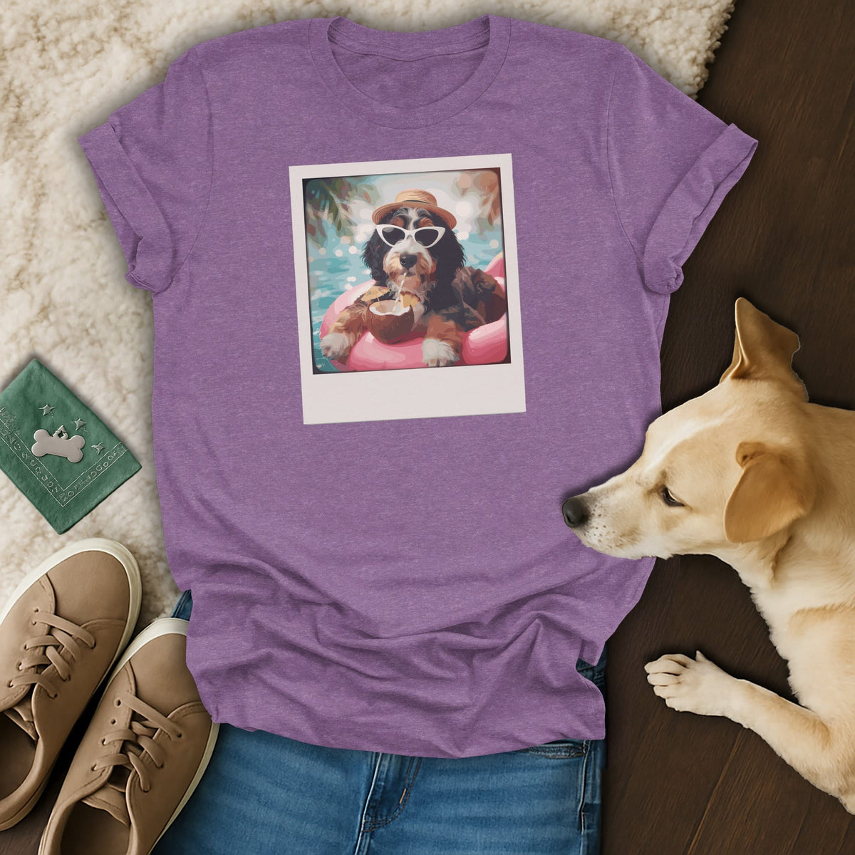 Purple t-shirt featuring a dog wearing sunglasses and a hat on a float.