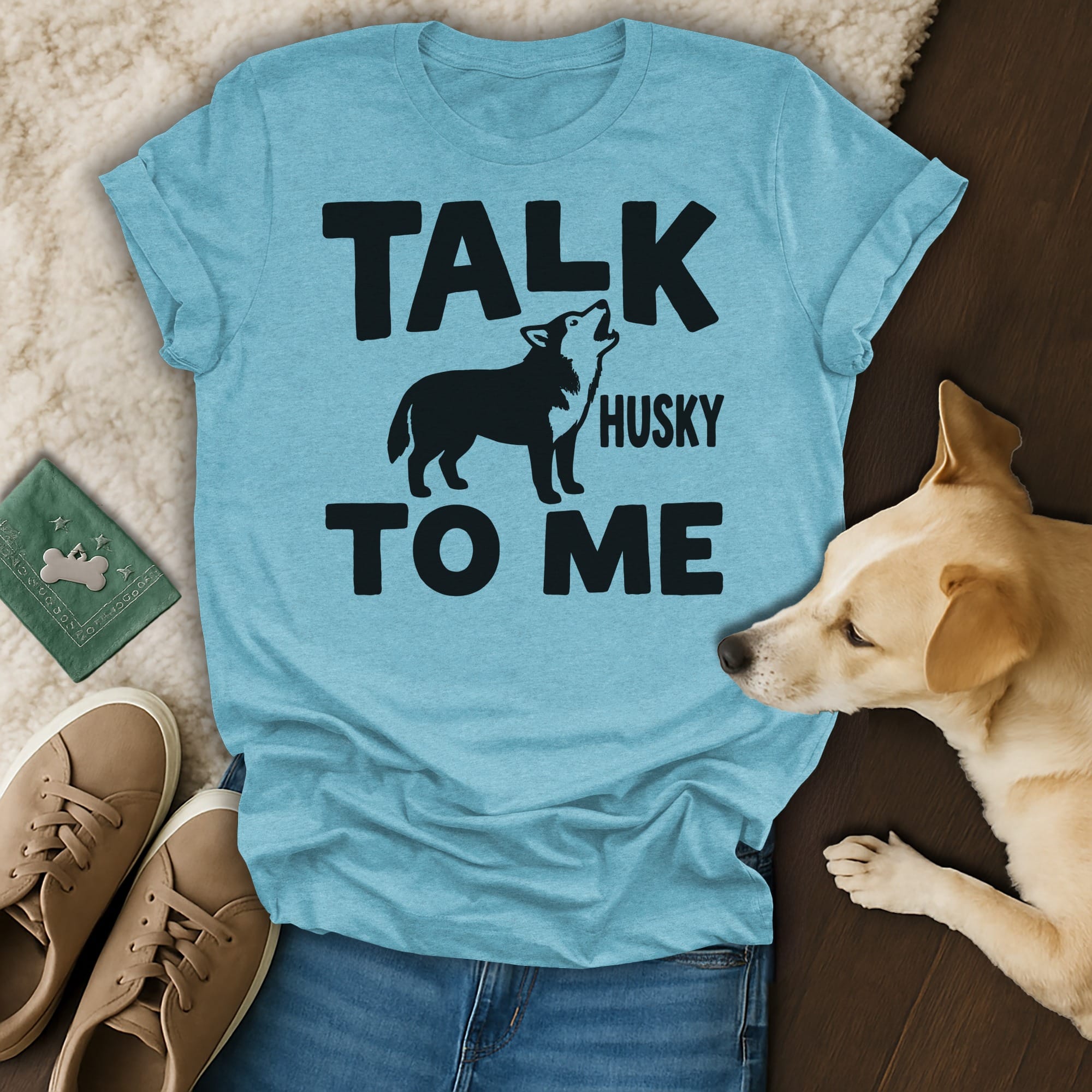 Light blue t-shirt with "Talk Husky to Me" and a howling husky graphic.