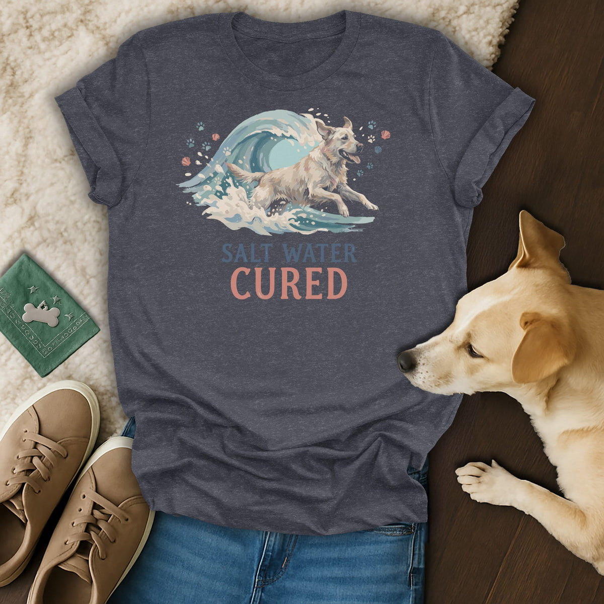 T-shirt with golden retriever surfing a wave and text "Salt Water Cured".