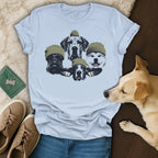 Five dogs wearing green beanies, one is a yellow lab.