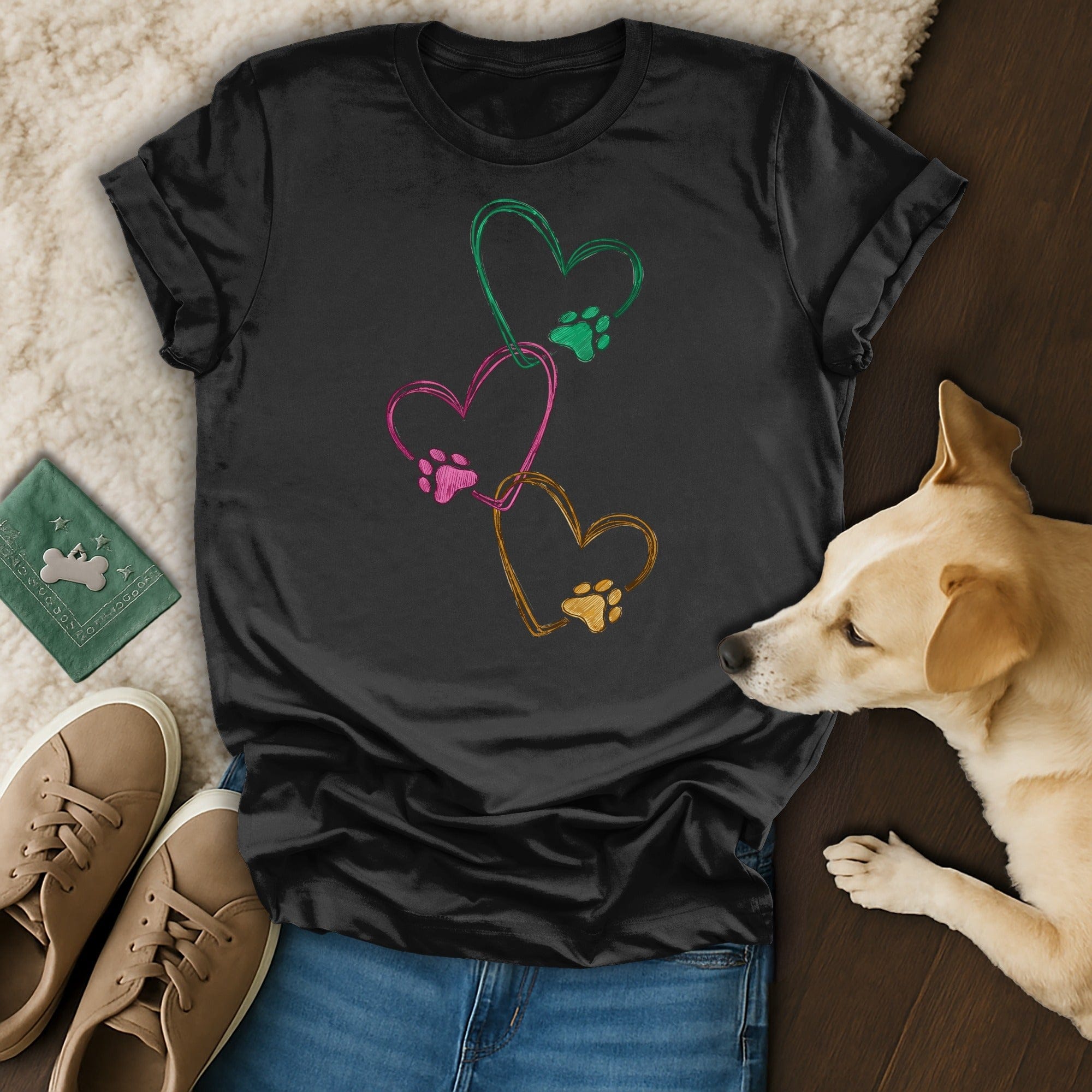 Colorful Paw Print Hearts Dog Design T-Shirt product type