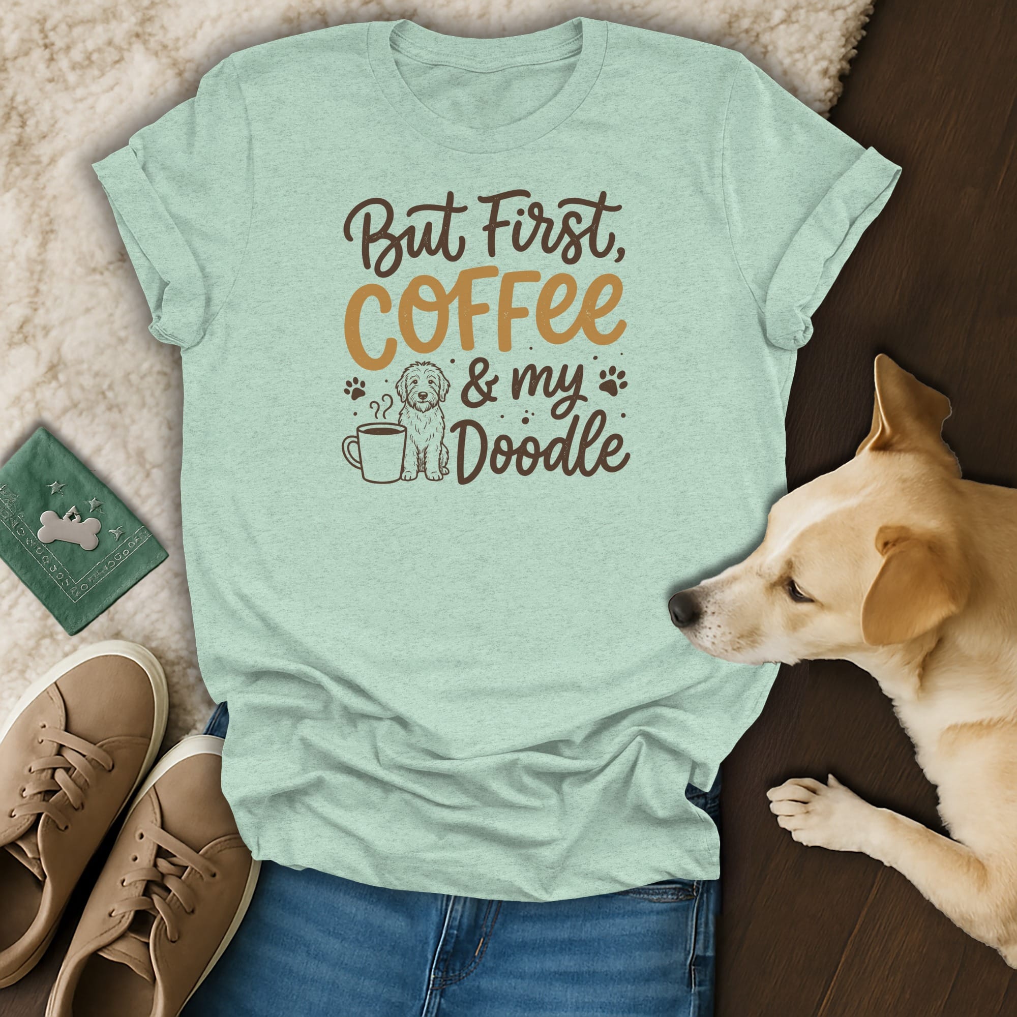 Light mint t-shirt with "But First, Coffee & my Doodle" graphic and a dog.