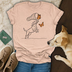 Dog in black line art chasing butterflies with a net.