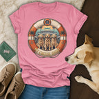 Three golden retrievers wearing sunglasses inside a cruise ship life preserver graphic.
