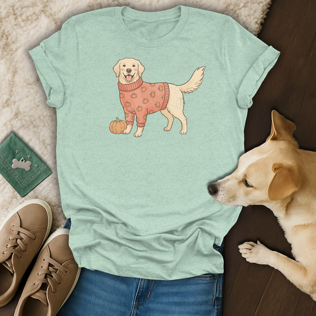 Light blue t-shirt featuring a golden retriever in a pumpkin-patterned sweater.