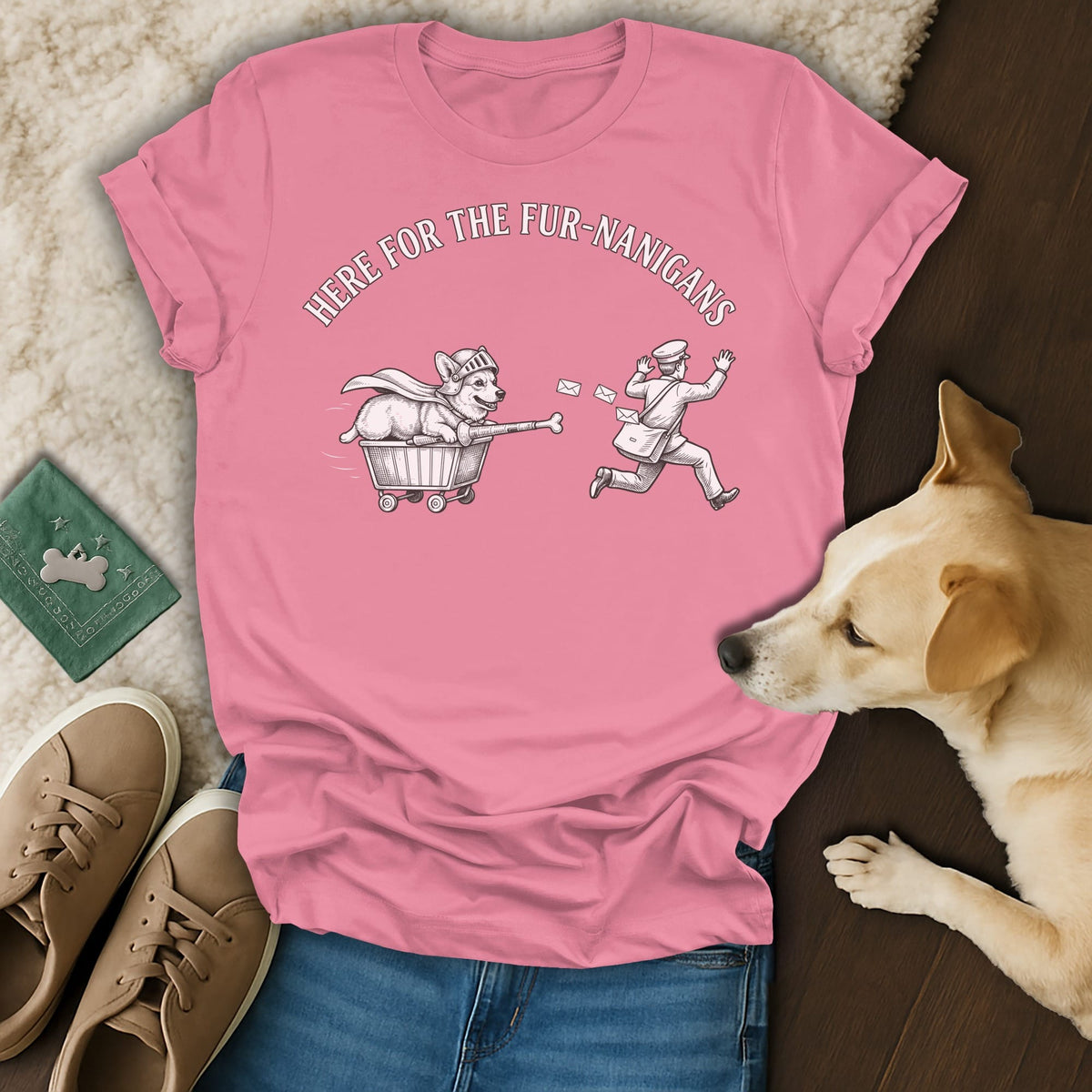 Pink t-shirt with "Here for the Fur-Nanigans" text and dog-themed cartoon.