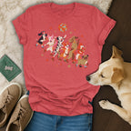 Red t-shirt with a disco ball and dogs on roller skates graphic.