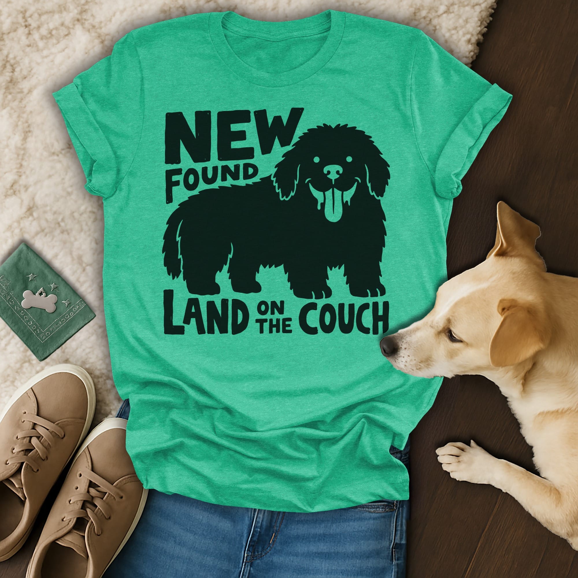 Green t-shirt with black graphic of a shaggy dog and text "NEW FOUND LAND ON THE COUCH".