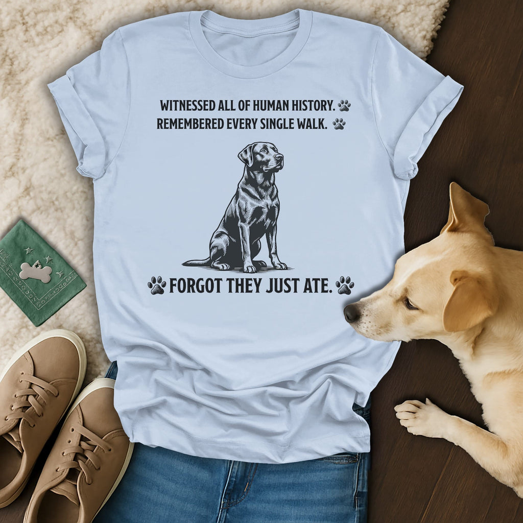 Light blue t-shirt with a black dog graphic and humorous text about memory.