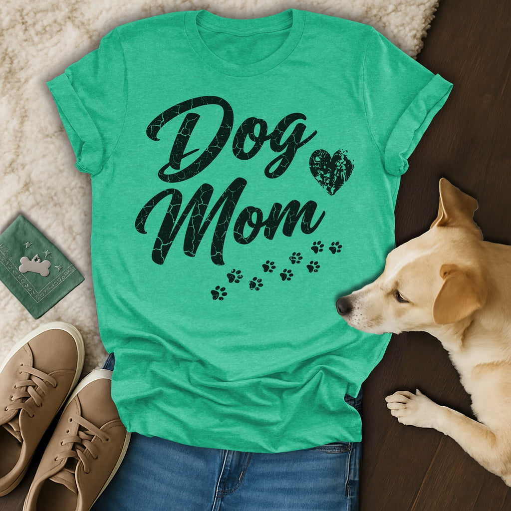 Green t-shirt with "Dog Mom" text and paw prints, with dog and shoes.