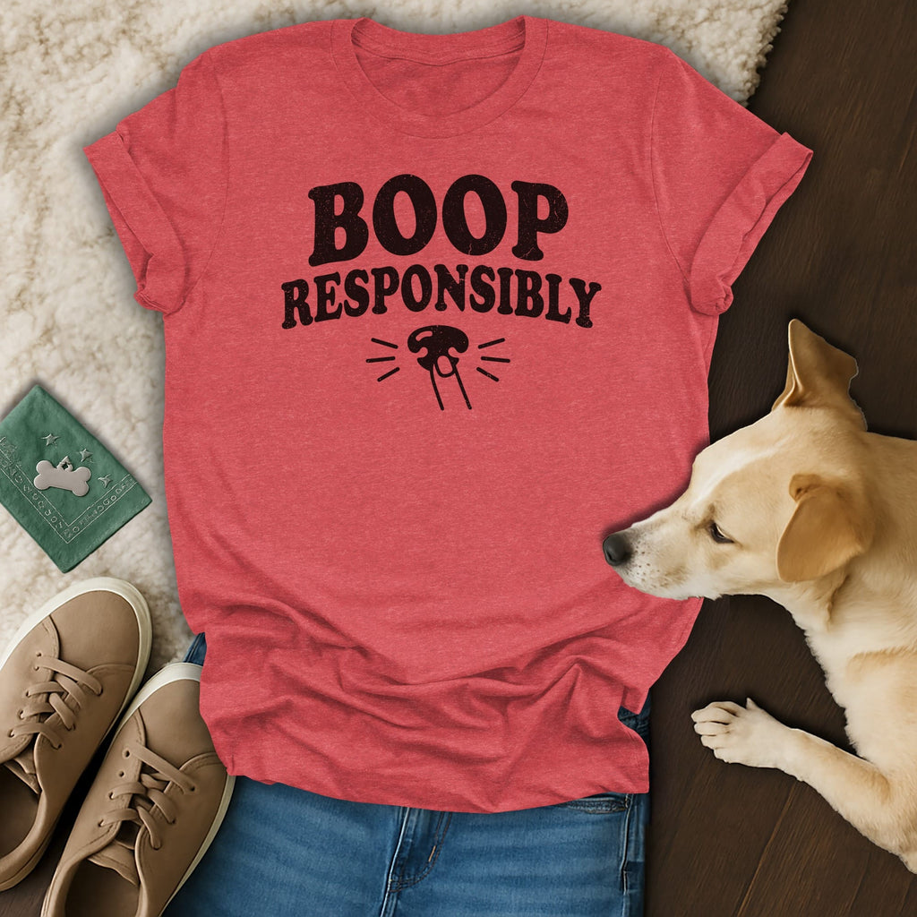 Red t-shirt with black text "BOOP RESPONSIBLY" and a dog.