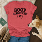 Red t-shirt with black text "BOOP RESPONSIBLY" and a dog.