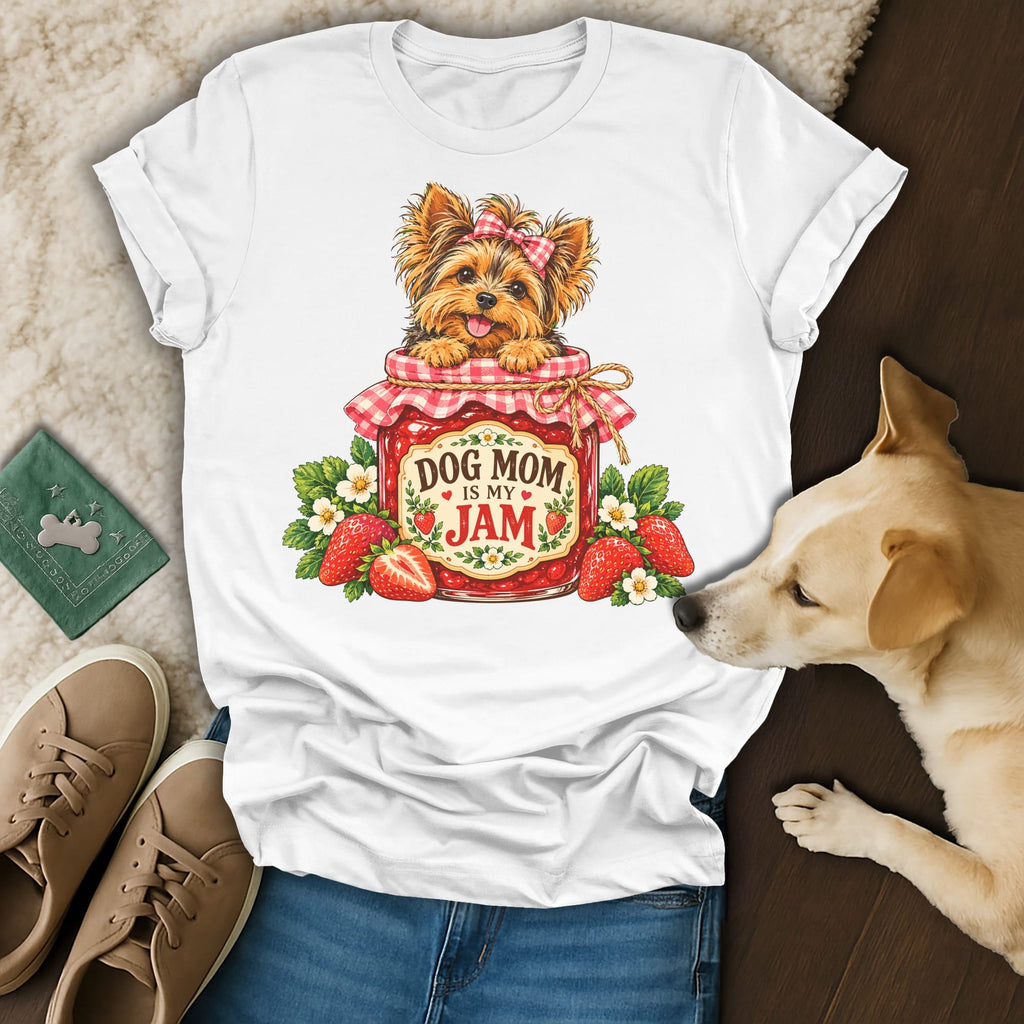 White t-shirt featuring a Yorkie puppy in a strawberry jam jar with the text Dog Mom Is My Jam.