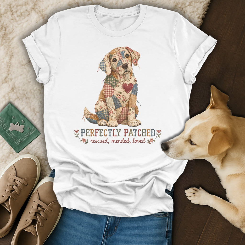 White t-shirt with a patchwork dog graphic, accompanied by jeans, shoes, and a real dog.
