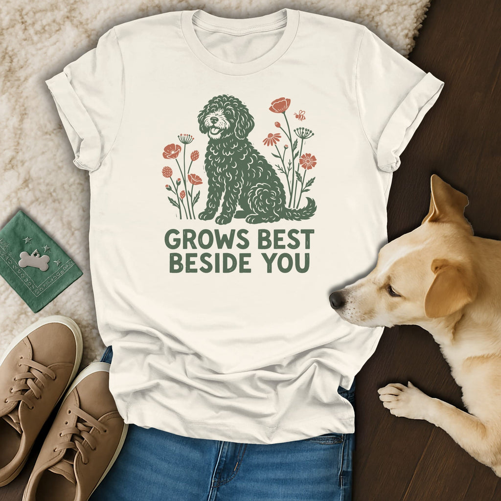 Cream-colored t-shirt with a green graphic of a dog and flowers reading GROWS BEST BESIDE YOU.