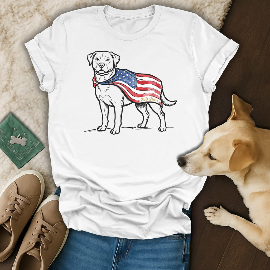 White t-shirt with patriotic dog graphic and "250 Years" text.