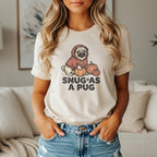 Pug in a hoodie with pumpkins, text "SNUG AS A PUG" on t-shirt.