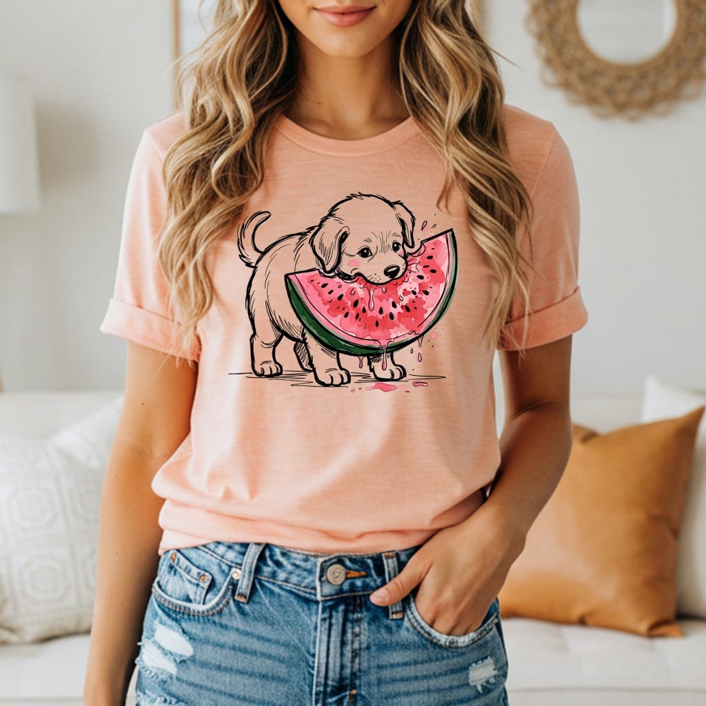 Peach t-shirt with a line drawing of a puppy eating watermelon.