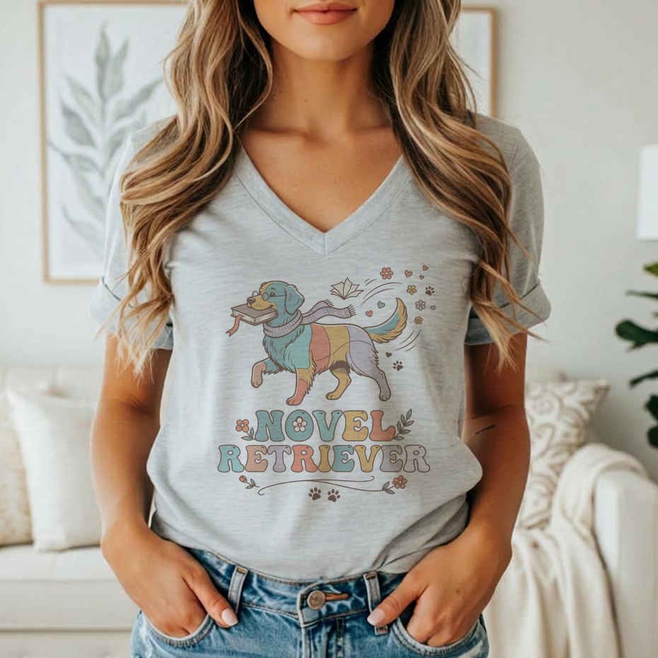 T-shirt with a retro graphic of a multi-colored dog holding a book, reading glasses, and the text "NOVEL RETRIEVER".