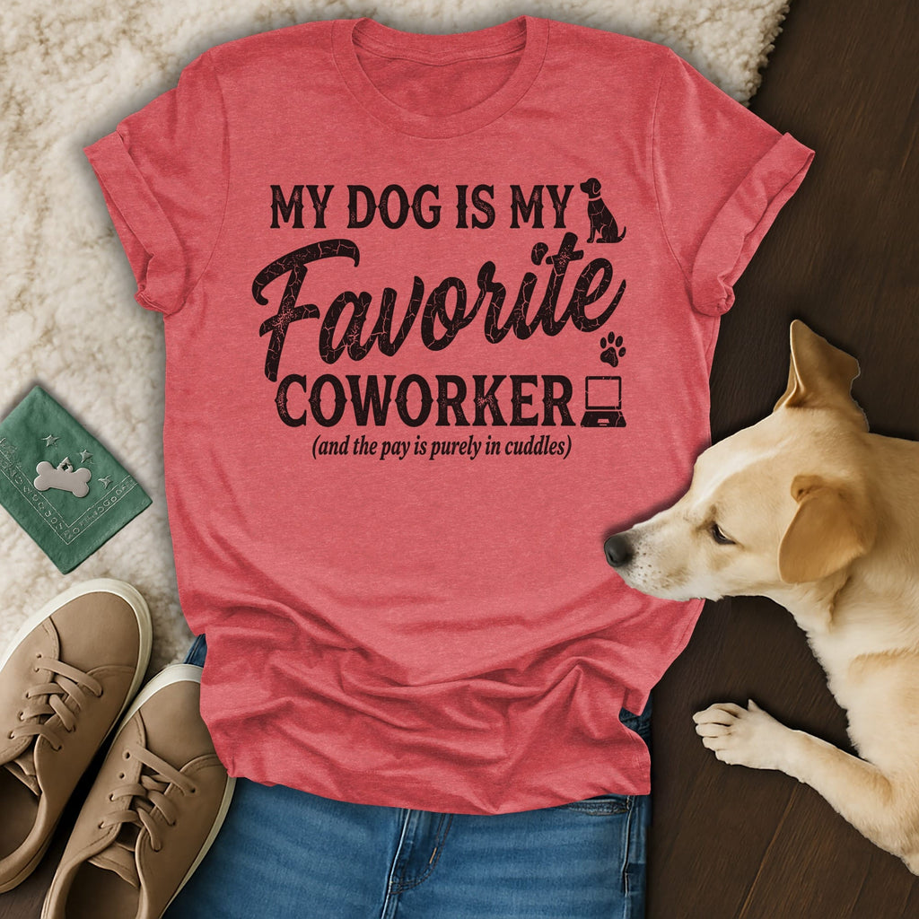 T-shirt with "My dog is my favorite coworker" text, dog and laptop icons.